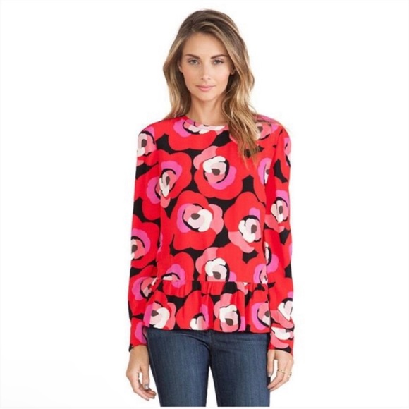 Kate Spade Womens Red Rose Deco Peplum Drop Waist Long Sleeve Blouse Top Size 8 - Picture 3 of 16